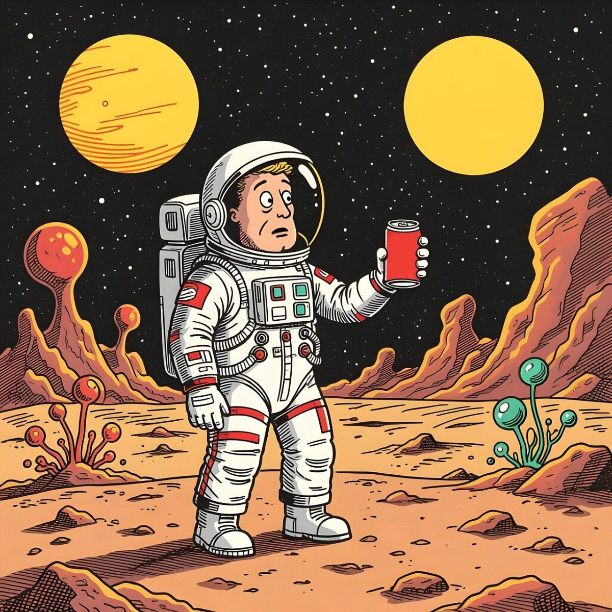 astronaut, spacesuit, cosmonaut, spaceman, fantasy, universe, galaxy, planet, funny, comic, cartoon, discovery, surprise, humor, human, person, fun, copy space, ai generated